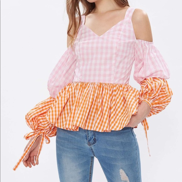 Open Shoulder Puff Sleeve Mixed Gingham Peplum Top - Picture 4 of 4